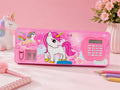 Pink pencil case with unicorn design on a pink background